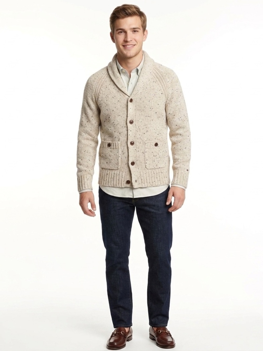 Tommy Hilfiger Grandpacore Tan Fleck Cardigan Sweater Men Size Small